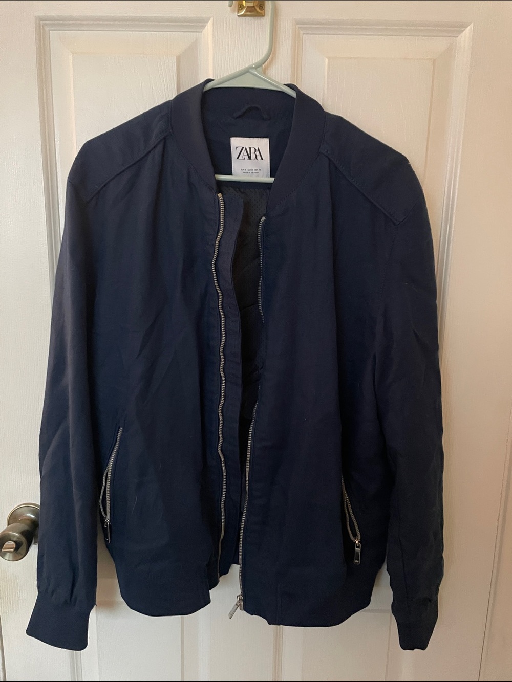 ZARA Dark Navy Men's Bomber Jacket with Zip Pockets